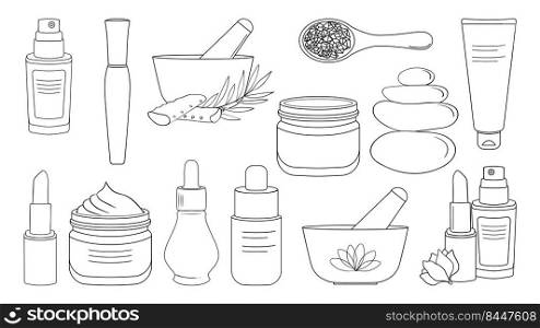 Cosmetics, creams, serums and everything for make-up big set. Organic beauty products simple linear icons