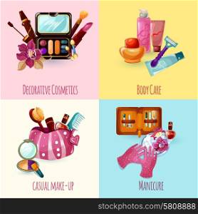 Cosmetics design concept set with casual make-up manicure body care icons isolated vector illustration. Cosmetics Icons Set