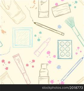 Cosmetics doodle style seamless pattern. Background of outline women&rsquo;s decorative cosmetics, vector illustration. Template for packaging, wallpaper and design, handmade sketch.. Cosmetics doodle style seamless pattern.