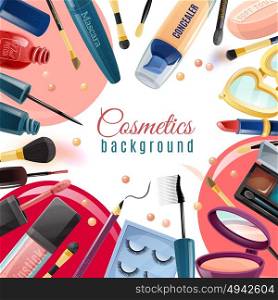 Cosmetics Flat Background. Colorful cosmetics flat background with various tools and products for makeup vector illustration