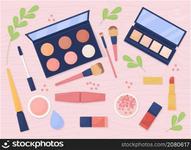Cosmetics flat color vector illustration. Makeup products. Eyeshadows with lipsticks and mascara. Skin care and beauty. Top view 2D cartoon illustration with desktop on background collection. Cosmetics flat color vector illustration