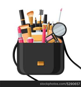 Cosmetics for skincare and makeup in bag. Background for catalog or advertising. Cosmetics for skincare and makeup in bag. Background for catalog or advertising.