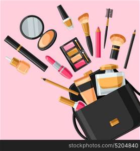 Cosmetics for skincare and makeup out of bag. Background for catalog or advertising. Cosmetics for skincare and makeup out of bag. Background for catalog or advertising.
