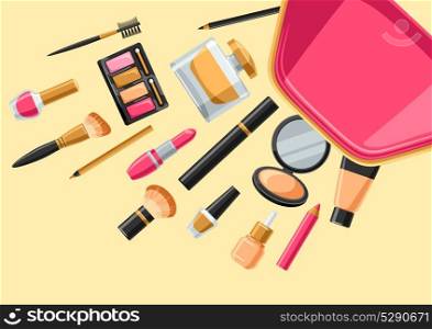 Cosmetics for skincare and makeup out of bag. Background for catalog or advertising. Cosmetics for skincare and makeup out of bag. Background for catalog or advertising.