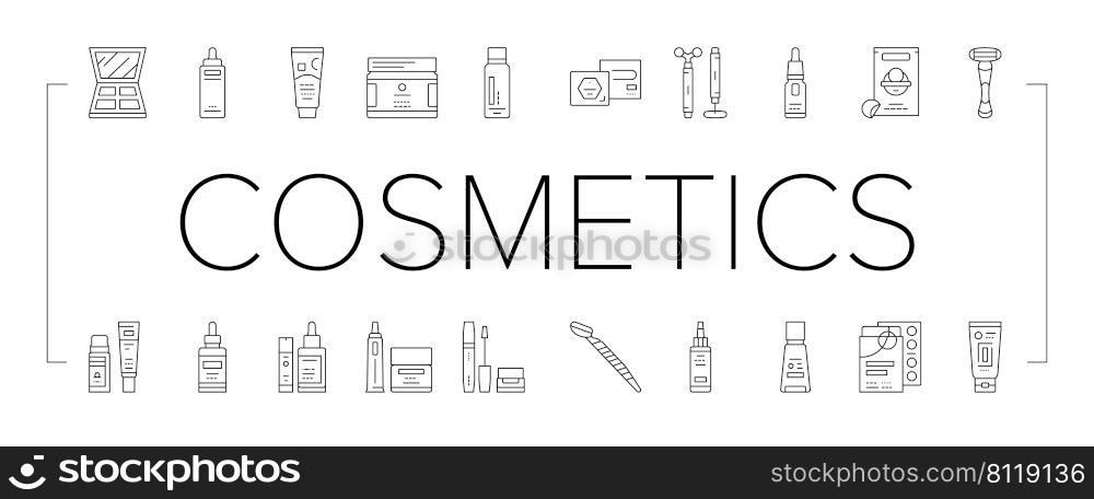 Cosmetics For Visage Skin Treat Icons Set Vector. Eyeshadow Palette And Face Oil, Solid Sh&oo And Body Butter, Firming Serum And Mattifying Cream Skincare Cosmetics Black Contour Illustrations. Cosmetics For Visage Skin Treat Icons Set Vector