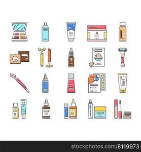 Cosmetics For Visage Skin Treat Icons Set Vector. Eyeshadow Palette And Face Oil, Solid Sh&oo And Body Butter, Firming Serum And Mattifying Cream Skincare Cosmetics Color Illustrations. Cosmetics For Visage Skin Treat Icons Set Vector