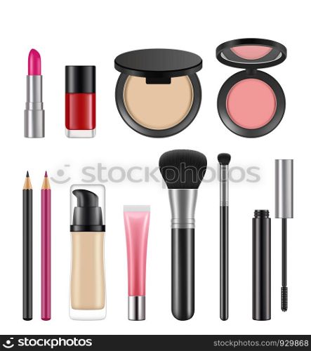 Cosmetics for women. Vector pictures of various cosmetics packages. Illustration of make up, foundation cream and brush for cosmetic product. Cosmetics for women. Vector pictures of various cosmetics packages
