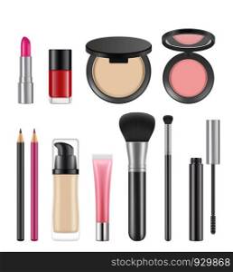 Cosmetics for women. Vector pictures of various cosmetics packages. Illustration of make up, foundation cream and brush for cosmetic product. Cosmetics for women. Vector pictures of various cosmetics packages