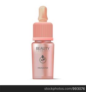 Cosmetics highligter bottle with dropper in rose or pink colors. Realistic mockup vector illustration. Can be used in medical and health care products.. Cosmetics highligter bottle with dropper