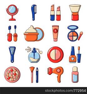 Cosmetics icons set. Cartoon illustration of 16 cosmetics clothes wear vector icons for web. Cosmetics icons set, cartoon style