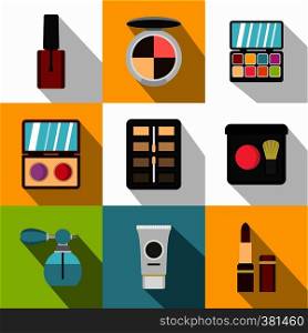 Cosmetics icons set. Flat illustration of 9 cosmetics vector icons for web. Cosmetics icons set, flat style