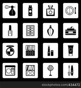Cosmetics icons set in white squares on black background simple style vector illustration. Cosmetics icons set squares vector