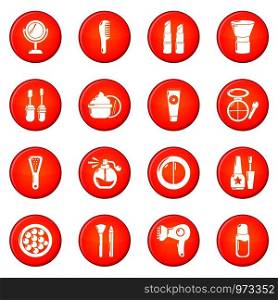 Cosmetics icons set vector red circle isolated on white background . Cosmetics icons set red vector