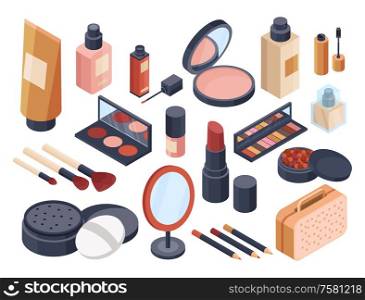 Cosmetics icons set with lipstick and powder isometric isolated vector illustration