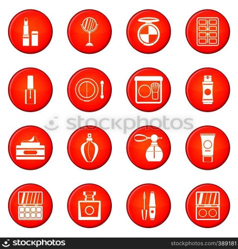 Cosmetics icons vector set of red circles isolated on white background. Cosmetics icons vector set