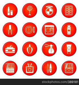 Cosmetics icons vector set of red circles isolated on white background. Cosmetics icons vector set