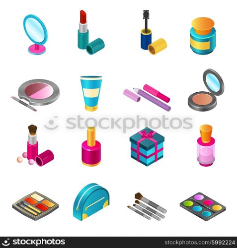 Cosmetics isometric set. Cosmetics and make-up products icons set with isometric beauty and skin care bottles isolated vector illustration