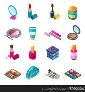 Cosmetics isometric set. Cosmetics and make-up products icons set with isometric beauty and skin care bottles isolated vector illustration