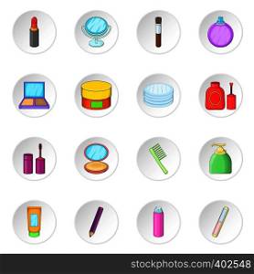 Cosmetics items icons set. Cartoon illustration of 16 cosmetics items vector icons for web. Cosmetics items icons set