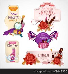 Cosmetics label set with makeup skin and body care products isolated vector illustration. Cosmetics Label Set