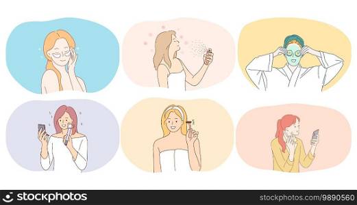 Cosmetics, make up, beauty concept. Young smiling women cartoon characters using face cream, hair spray, beauty masks, eye patches, razor for shaving doing make up illustration . Cosmetics, make up, beauty concept