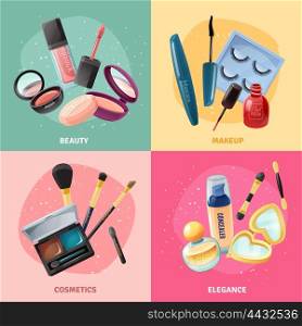 Cosmetics Makeup Concept 4 Icons Square. Facial cosmetics make-up beauty case accessories 4 realistic icons square with lipstick and eye shadows isolated vector illustration