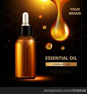 Cosmetics oil poster. Golden transparent drops of oil extract for woman cream or liquid cosmetic q10 collagen vector template. Extract oil, golden collagen droplet illustration. Cosmetics oil poster. Golden transparent drops of oil extract for woman cream or liquid cosmetic q10 collagen vector template