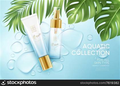 Cosmetics on blue water drop background with tropical palm leaves. Face cosmetics, body care banner, flyer template design. Vector illustration EPS10. Cosmetics on blue water drop background with tropical palm leaves. Face cosmetics, body care banner, flyer template design. Vector illustration