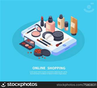 Cosmetics online shopping concept with makeup symbols isometric vector illustration