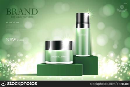 Cosmetics or skin care gold product ads green bottle and background glittering light effect. vector design.