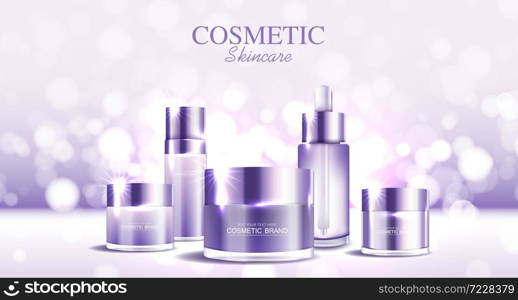 Cosmetics or skin care gold product ads purple bottle and background glittering light effect. vector design.