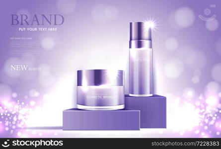 Cosmetics or skin care gold product ads purple bottle and background glittering light effect. vector design.