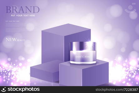 Cosmetics or skin care gold product ads purple bottle and background glittering light effect. vector design.