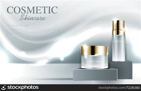 Cosmetics or skin care gold product ads with bottle and gray background glittering light effect. vector design.
