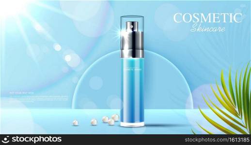 Cosmetics or skin care product ads with bottle and pearl, blue background with tropical leaves. vector illustration design