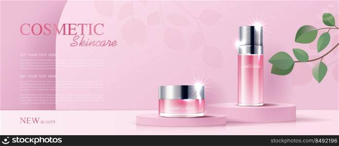 Cosmetics or skin care product ads with bottle, banner ad for beauty products and leaf background glittering light effect. vector design.