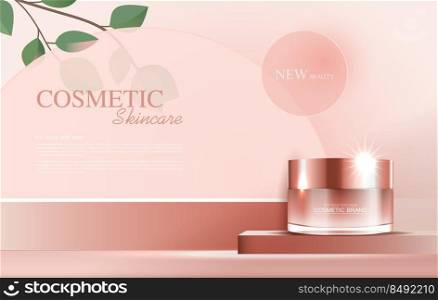 Cosmetics or skin care product ads with bottle, banner ad for beauty products and leaf background glittering light effect. vector design.