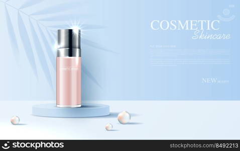 Cosmetics or skin care product ads with bottle, banner ad for beauty products, leaf and pearl background glittering light effect. vector design.