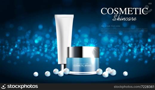 Cosmetics or skin care product ads with bottle, blue background glittering light effect. vector design.