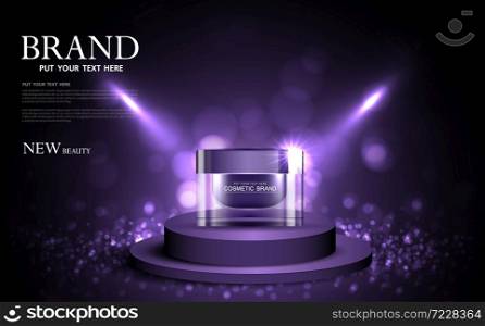 Cosmetics or skin care product ads with bottle, purple background glittering light effect. vector design.