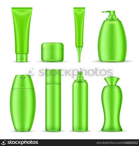 Cosmetics package icon set green color realistic tubes for creams shampoos emulsions vector illustration. Cosmetics Package Icon Set