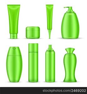 Cosmetics package icon set green color realistic tubes for creams shampoos emulsions vector illustration. Cosmetics Package Icon Set