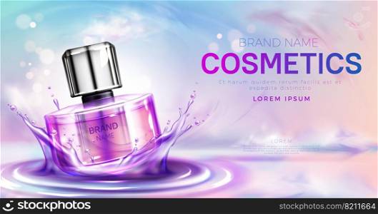 Cosmetics perfume bottle on splashing water surface with circles on pink cloudy sky background. Glass spray tube package promo mockup banner design. cosmetics product Realistic 3d vector illustration. Perfume cosmetic bottle on splashing water surface