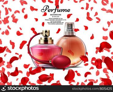 Cosmetics perfume bottles with pink petals of rose background. Bottle cosmetic fashion perfume. Vector illustration. Cosmetics perfume bottles with pink petals of rose background