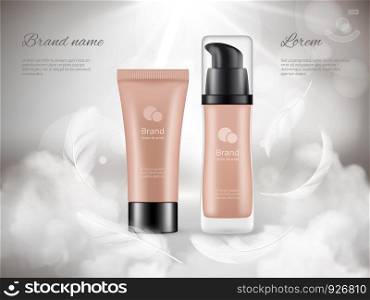 Cosmetics poster. Skin cream plastic bottles night clouds feathers steam luxury promotional advertizing realistic vector concept. Illustration of beauty cosmetic advertisement, packaging container. Cosmetics poster. Skin cream plastic bottles night clouds feathers steam luxury promotional advertizing realistic vectcor concept