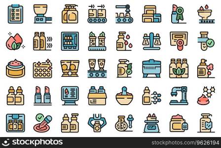 Cosmetics production icons set outline vector. Spa bottle. Skin cream thin line color flat on white isolated. Cosmetics production icons set vector line color