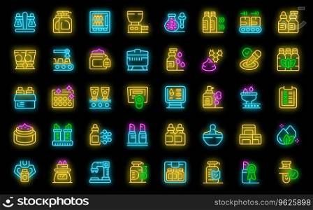 Cosmetics production icons set outline vector. Spa bottle. Skin cream neon color on black. Cosmetics production icons set vector neon
