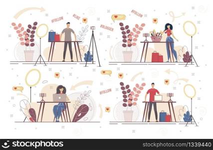 Cosmetics Products, Gadgets Video Review Blogger, Content Creator, Live Streamer Characters Set. Men and Women Promoting, Reviewing Brand Goods, Testing Electronics Trendy Flat Vector Illustration