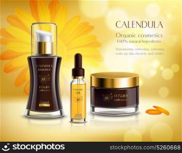 Cosmetics Products Realistic Advertisement Poster . Natural cosmetics skincare products realistic advertisement poster with calendula extract cream and oil bright background vector illustration