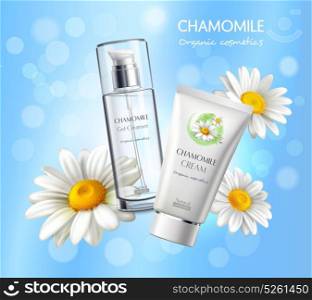 Cosmetics Products Realistic Advertisement Poster . Natural cosmetics skincare products realistic advertisement poster with chamomile extract cream and cleanser vibrant blue background vector illustration